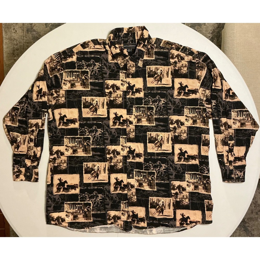 VTG‎ Y2K Bit & Bridle Rodeo Cowboy Horse AOP Shirt Men 3XLT Cotton Western